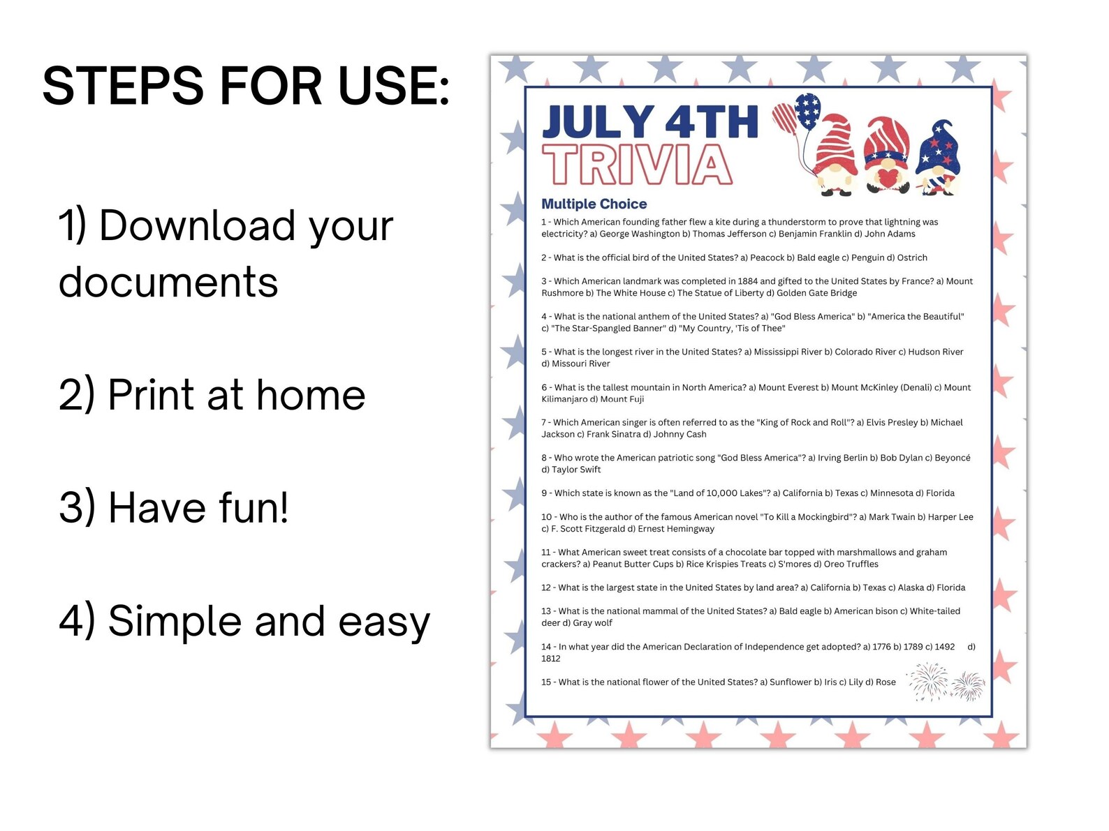 Printable 4th of July Trivia Game Independence Day Party Activity ...