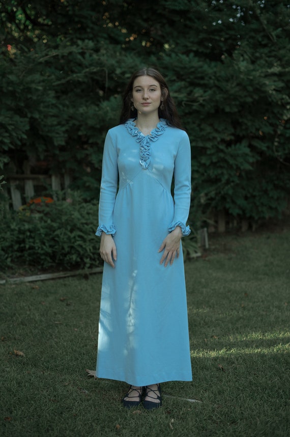 sky blue 1970s ruffled dress