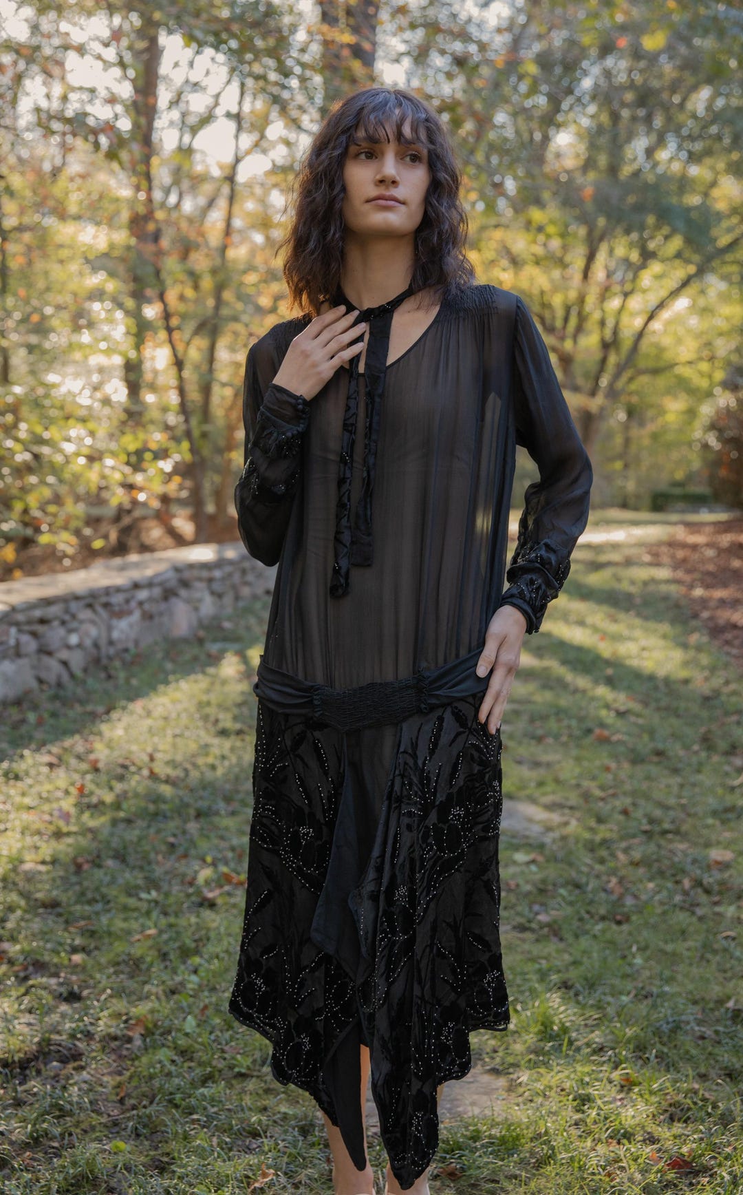 1920s Drop Waist Black Chiffon and Velvet Dress With Neck Tie Etsy — free download