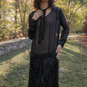 1920s drop waist black chiffon and velvet dress with neck tie