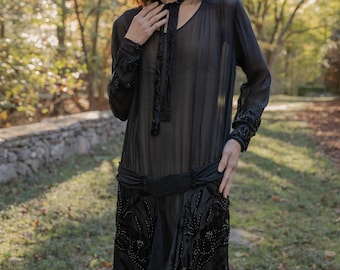 1920s drop waist black chiffon and velvet dress with neck tie
