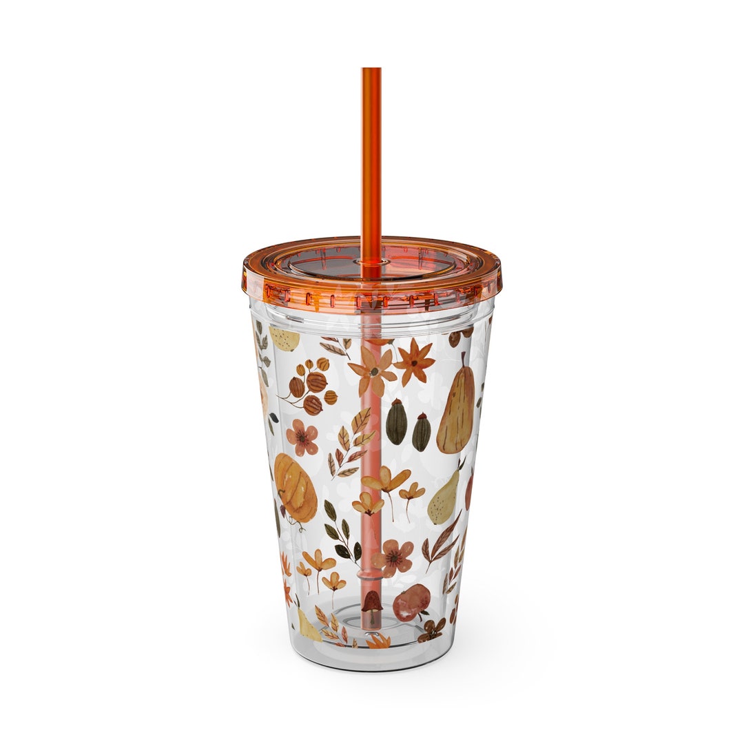 16oz Suave Acrylic Tumbler With Straw Orange Fall Leaves Double-wall Insulated Autumn Design Bpa ...