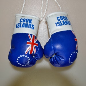 Pode incluir: Um par de mini luvas de boxe azuis com detalhes brancos, apresentando a bandeira das Ilhas Cook e texto. As luvas são conectadas por um cordão branco, ideais para lembranças ou decoração.