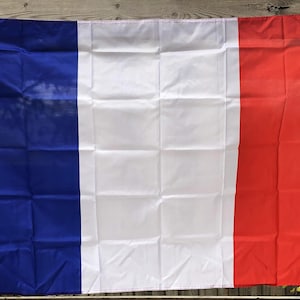 Puede incluir: Una bandera rectangular con tres franjas verticales: azul a la izquierda, blanca en el centro y roja a la derecha. La bandera está hecha de un material ligero y cuelga al aire libre.