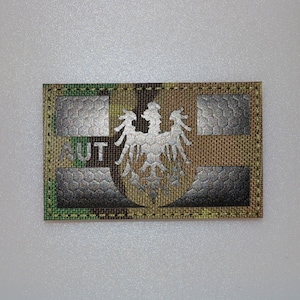 May include: A rectangular patch with a camouflage pattern, featuring the letters "AUT" and a silver emblem of an eagle. The patch has three silver textured rectangles. The edges are stitched with a green thread.