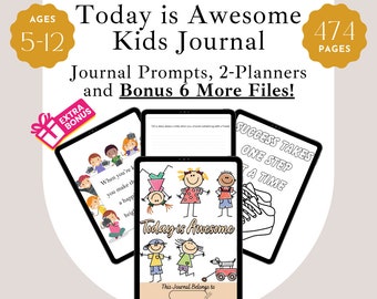 Gratitude Journal Kids 5-12 Writing Prompts, Bonus Coloring Pages, Wall Art, Planner, Family Cleaning Checklists, Title Today is Awesome