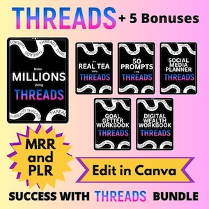 Threads Bundle: Social Media Planner, Prompts, and Workbook (Canva Editable, MRR PLR)