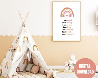 I Am Loved Positive Affirmation Printable Wall Art | Rainbow Printable Kid Child Nursery Playroom Gift