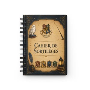 Peut inclure: Un carnet à spirales avec une couverture bleu foncé et parchemin portant le texte Cahier de Sortilèges. Le design comprend un hibou blanc, une baguette magique, une lanterne, une plume dans un encrier et cinq écussons colorés.