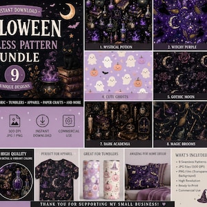 Peut inclure: Un ensemble de motifs numériques sans couture pour Halloween comprenant neuf designs uniques avec des potions mystiques, des thèmes de sorcières violets, des fantômes pastel, des lunes gothiques, des motifs champêtres et des grimoires.