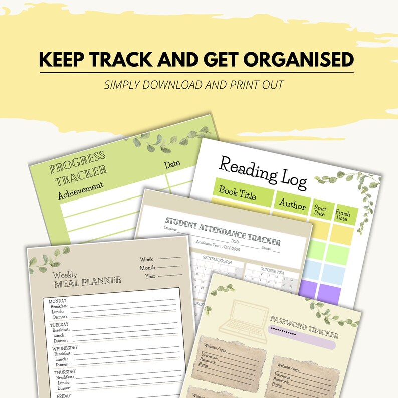 K&ouml;nnte beinhalten: Ein Satz druckbarer Planerseiten mit einem gr&uuml;nen Blattdesign. Die Seiten beinhalten einen Fortschritts-Tracker, ein Lesetagebuch, einen Sch&uuml;ler-Anwesenheitstracker, einen w&ouml;chentlichen Speiseplan und einen Passwort-Tracker.