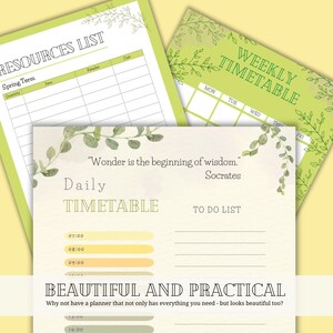 K&ouml;nnte beinhalten: Ein druckbarer Planer mit einem gr&uuml;nen und wei&szlig;en floralen Design. Der Planer enth&auml;lt einen Wochenplan, einen Tagesplan, eine To-Do-Liste und eine Ressourcenliste. Das Zitat "Wunder ist der Beginn der Weisheit." von Sokrates ist auf der Seite des Tagesplans zu sehen.