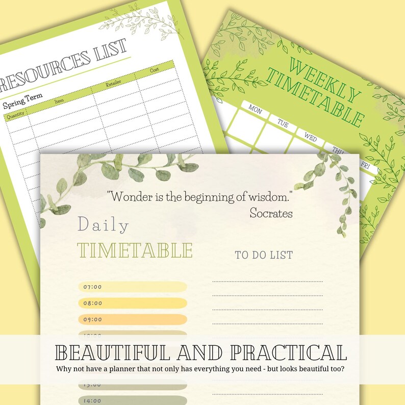 K&ouml;nnte beinhalten: Ein druckbarer Planer mit einem gr&uuml;nen und wei&szlig;en floralen Design. Der Planer enth&auml;lt einen Wochenplan, einen Tagesplan, eine To-Do-Liste und eine Ressourcenliste. Das Zitat "Wunder ist der Beginn der Weisheit." von Sokrates ist auf der Seite des Tagesplans zu sehen.