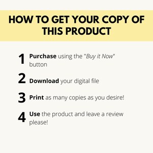 K&ouml;nnte beinhalten: Eine gelbe und wei&szlig;e Grafik mit schwarzem Text, die beschreibt, wie man eine Kopie eines digitalen Produkts erh&auml;lt. Die Schritte sind: 1. Kaufen Sie &uuml;ber den Button "Jetzt kaufen", 2. Laden Sie Ihre digitale Datei herunter, 3. Drucken Sie so viele Kopien, wie Sie m&ouml;chten, 4. Verwenden Sie das Produkt und hinterlassen Sie eine Bewertung, bitte!