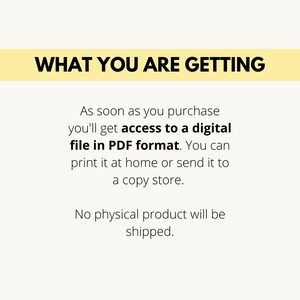 K&ouml;nnte beinhalten: Text auf gelbem Hintergrund, der "WHAT YOU ARE GETTING" lautet. Unter dem Text befindet sich eine Beschreibung, die lautet: "Sobald Sie kaufen, erhalten Sie Zugriff auf eine digitale Datei im PDF-Format. Sie k&ouml;nnen sie zu Hause ausdrucken oder an einen Copyshop senden. Es wird kein physisches Produkt versandt."