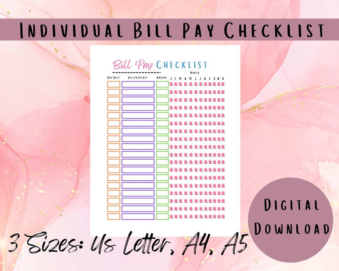Digital Bill Pay Checklist, Printable Bill Pay Checklist, Bill Pay ...
