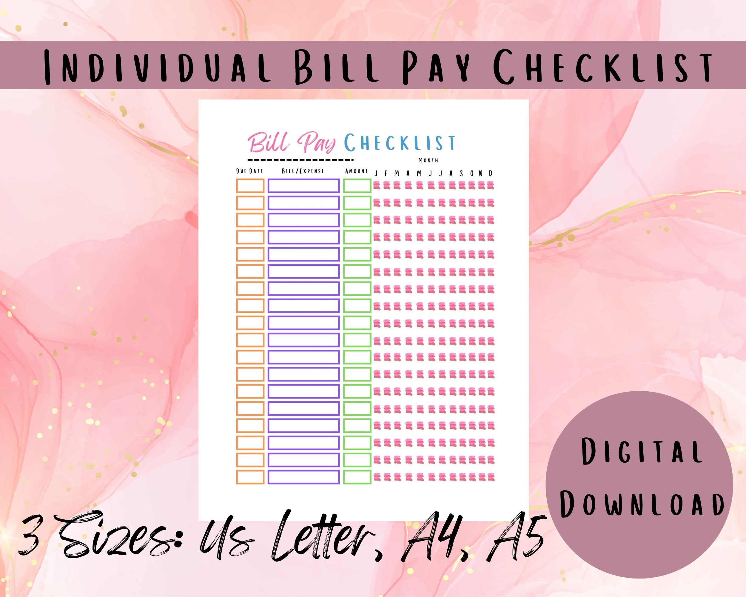 Digital Bill Pay Checklist, Printable Bill Pay Checklist, Bill Pay