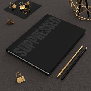 Op de afbeelding: Een zwart notitieboek met het woord "SUPPRESSED" op de kaft. Gouden en zwarte potloden en gouden paperclips zijn rond het notitieboek gerangschikt op een donkergrijze ondergrond. Een zwart vierkant met gouden paperclips bevindt zich in de linkerbovenhoek.