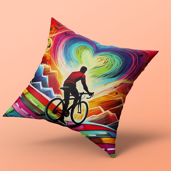 Colorful Cyclist Art Pillow, Vibrant Cycling Decorative Cushion, Unique Biking Love Heart Gift, Modern Home Decor, Valentine's Day