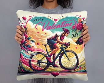 Cycling Pillow for Cyclist Gift, Valentine's Day Decor, Bike Lover Home Accessory, Romantic Cyclist Illustration Throw Pillow