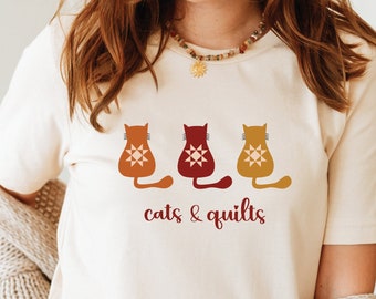 Cats & Quilts Autumn Shirt, Cozy Quilt Shirt, Love Quilting T-Shirt, Cat Lover Shirt, Quilt Block Tee