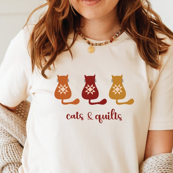 Cats & Quilts Autumn Shirt, Cozy Quilt Shirt, Love Quilting T-Shirt, Cat Lover Shirt, Quilt Block Tee