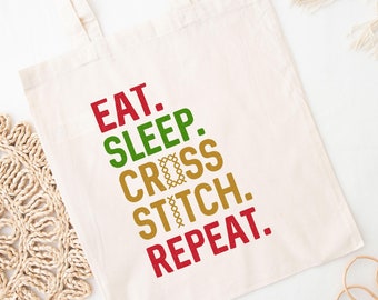 Cross Stitch Tote Bag, Stitching Canvas Bag, Eat Sleep Cross Stitch Repeat Tote Bag, Needlepoint Gift, Cross Stitch Gifts, Sewing Gifts