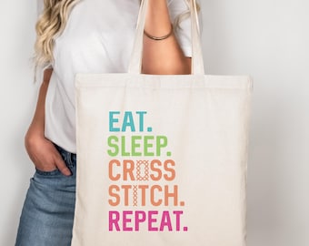 Cross Stitch Tote Bag, Eat Sleep Cross Stitch Tote Bag, Cross Stitcher Gifts, Needlepoint Gifts, Stitching Gifts for Mom, Natural Tote Bag