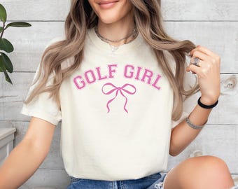 Golf Girl Pink Coquette T-Shirt, Cute Ladies Golf Shirt, Golfer Girl Varsity Style Tee, Pink Golf Gifts, Golf Lover Tee Shirt, Golf Mom Gift