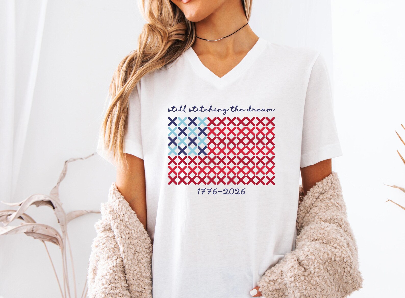 Patriotic Cross Stitch Flag V-neck Tee, Still Stitching the Dream ...