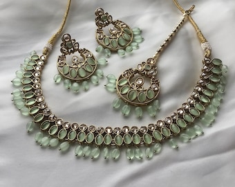 Asian Jewellery Set in Mint Green with Necklace Earrings and Tikka