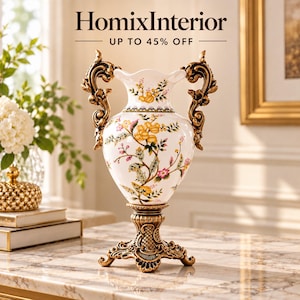 Tall Ceramic Vase, White Floral Decorative Urn with Gold Handles, 16.1 Inch Vintage Luxury Home Decor for Console Table and Shelf