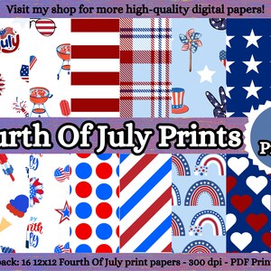 4th of July digital paper seamless patriotic pattern American flag balloon stripe star banner plaid ice cream USA