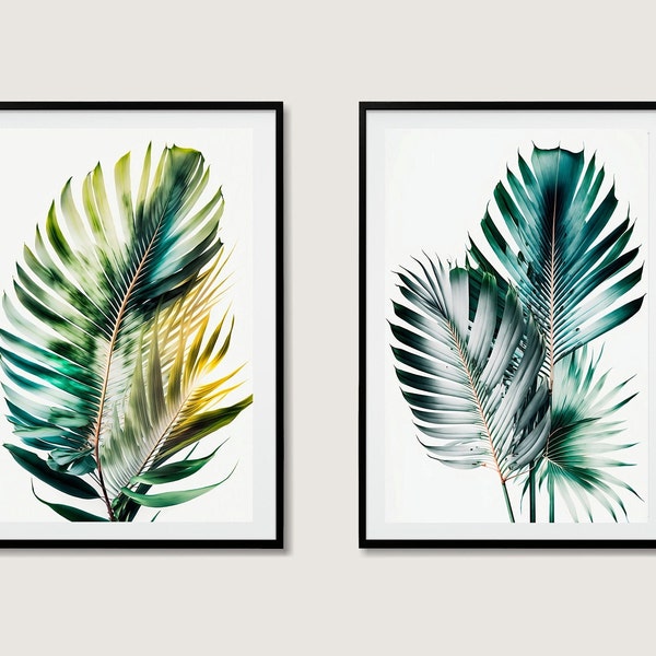 Set of 2 Tropical Prints, Tropical Style Leaf Print, Printable Wall Art, Digital Download, Watercolor Design