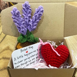 May include: A small cardboard box with a crocheted lavender plant and a red crocheted heart. The box is filled with pink tissue paper. A handwritten note reads "Pocket Hug A little hug from me to you to cheer you up when you even though we are apart you are always in my".