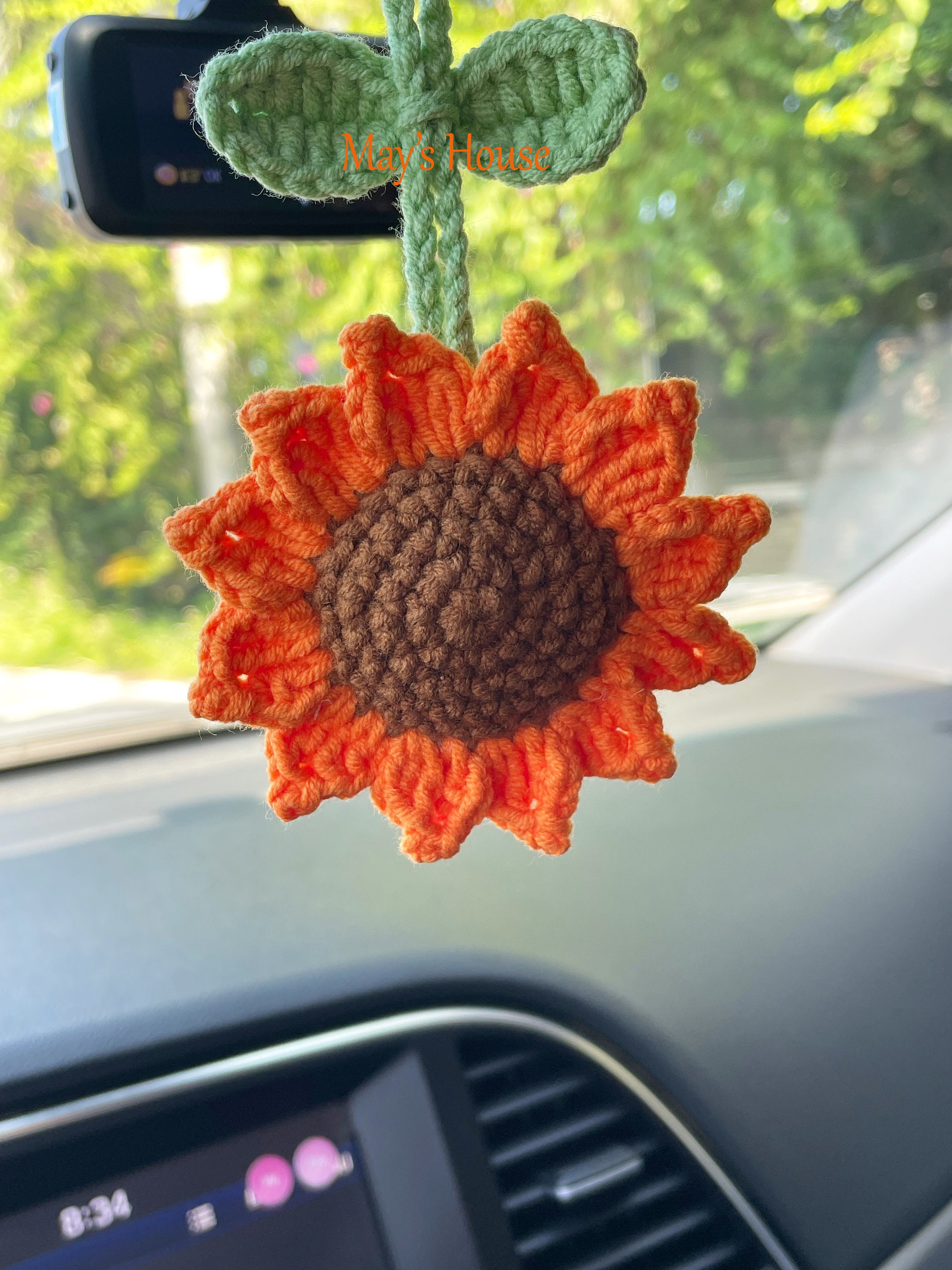 Handmade Crochet Sunflower Car Hanging - Knitted Rear View Mirror Decor With Pot