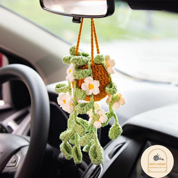 Daisy Potted Plant Car Mirror Hanging, Handmade Knitted Rear View Mirror Accessories, Car Plant Hanging, Crochet Car Mirror Hanging