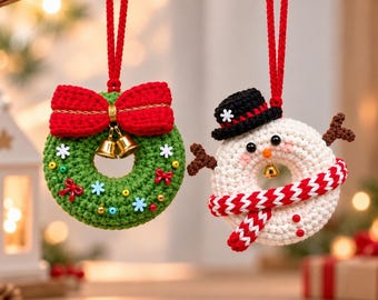Crochet Christmas Donut Ornaments, Handmade Santa, Snowman, Reindeer & Wreath, Cute Xmas Tree Decorations, Holiday Gift