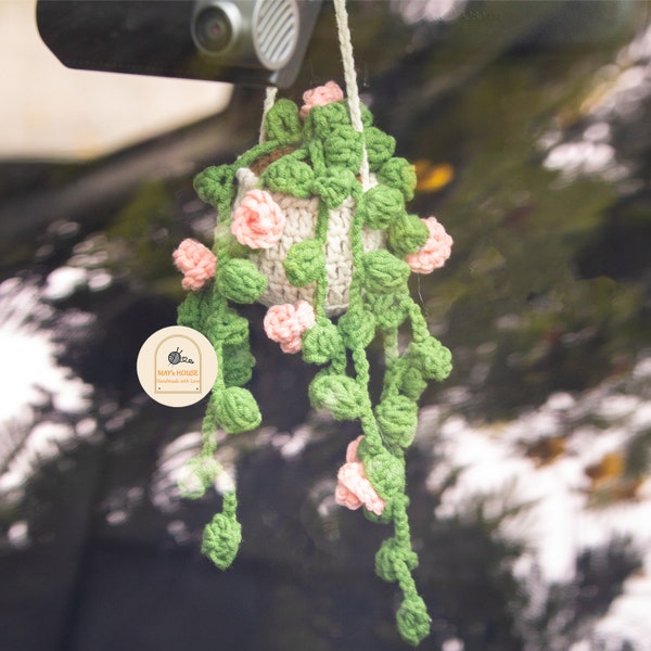 Cute Potted Plant Car Mirror  Hanging, Handmade Knitted Rear View Mirror Accessories, Car Plant Hanging