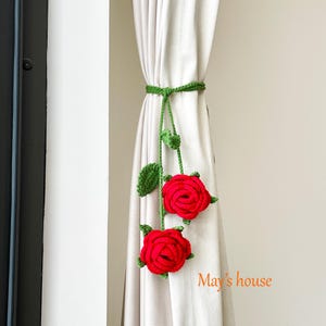 Crochet Rose Curtain Tieback, Crochet Rose & Leaf String, Curtain Decorations, Home Decorations, Hanging Crochet, Gift for mom