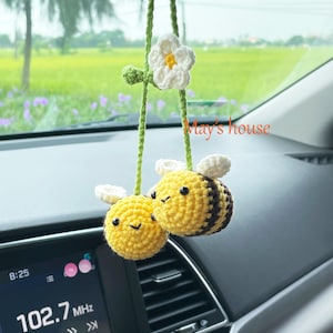 Crochet Bee Car Rear View Mirror Charm: Milk Cotton Car Decor