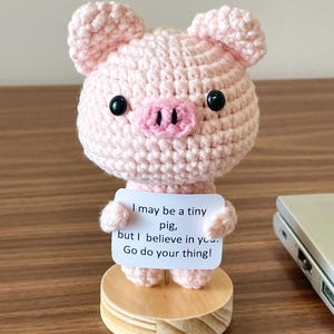 Porquinho de crochê com placa inspiradora, porco amigurumi feito à mão, presente de incentivo, mini animal de crochê, companheiro fofo para o escritório, decoração de mesa