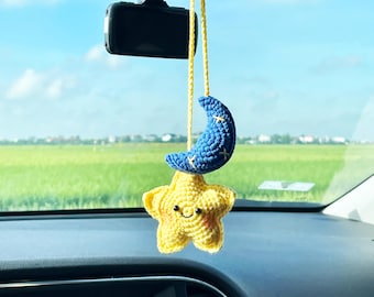 Crochet Star and Moon Car Charm: Handmade Celestial Amigurumi