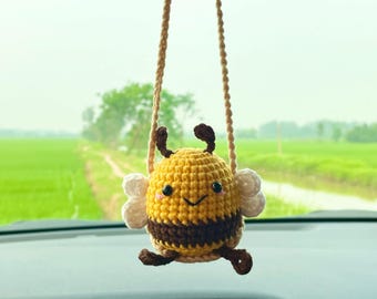 Cute crochet bee swinging car charm, Crochet bee swing ornament, cute handmade rearview mirror accessory, car decor