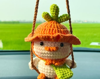 Cute Crochet Duck Car Charm, Frog Hat Duck Hanging, Kawaii Amigurumi Car Mirror Accessory, Strawberry Carrot Outfit, Handmade Gift