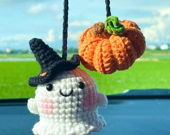 Crochet Ghost Pumpkin Car Hanging, Halloween Rearview Mirror Charm, Cute Ghost Car Charm, Handmade Amigurumi Fall Decor, Spooky Gift