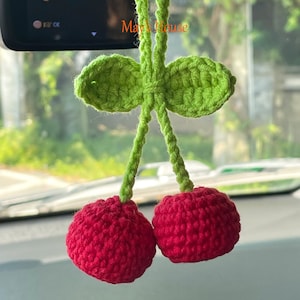 Crochet Cherry Car Mirror  Hanging, Handmade Knitted Rear View Mirror Accessories, Car Plant Hanging, Crochet Car Mirror Hanging