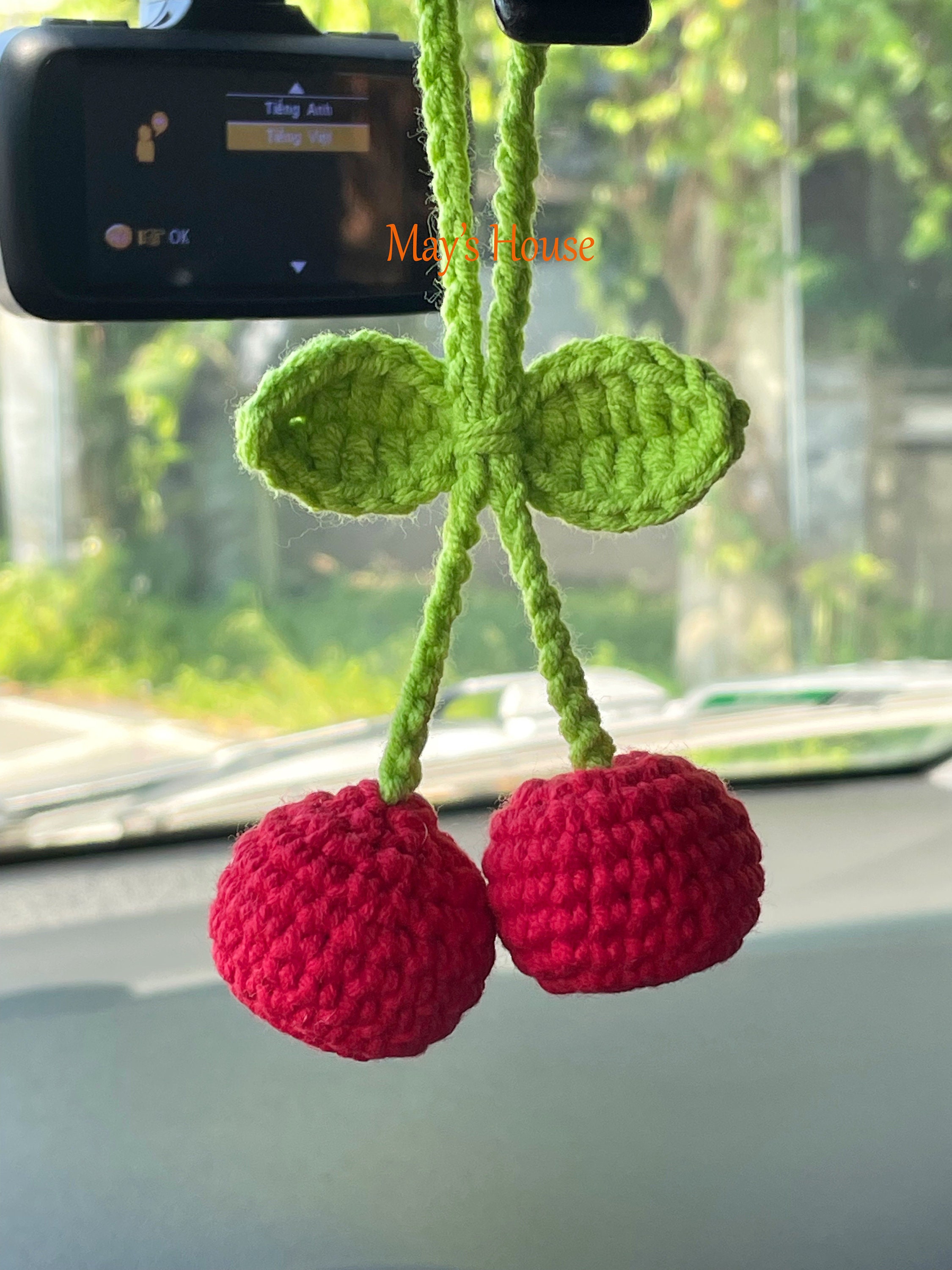 Crochet Cherry Car Mirror Hanging: Handmade Knitted Car Accessory