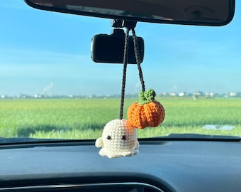 Crochet Ghost & Pumpkin Car Charm: Halloween Mirror Hanging