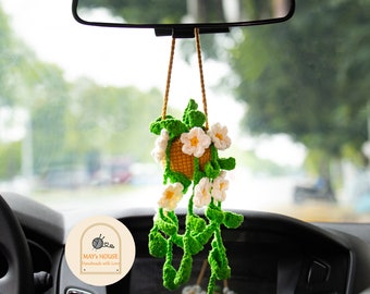Crochet Daisy Potted Plant Car Mirror Hanging: Handmade Car Accessories